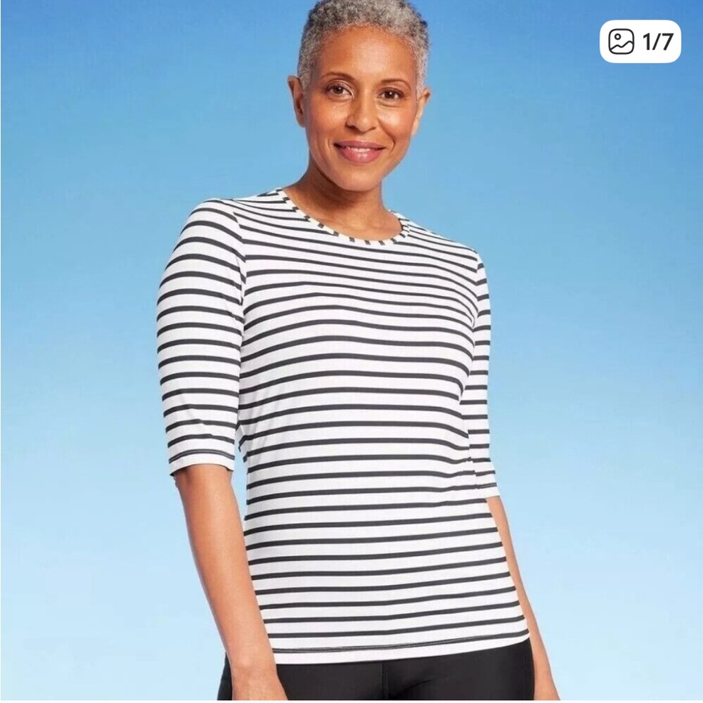 Lands' End Size Navy Blue Striped Sleeve Rash Guard Swim Shirt size small tall